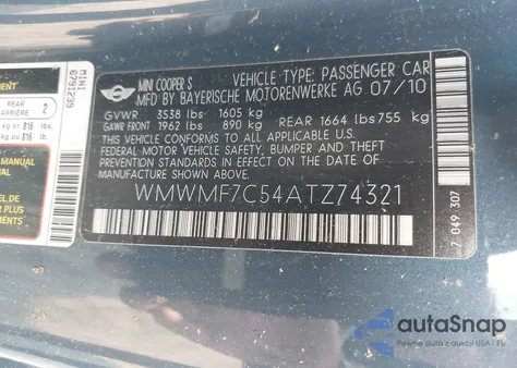 2010 Mini Cooper S from USA, damaged, VIN WMWMF7C54ATZ74321